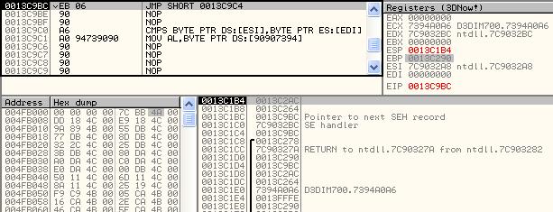 3 SE Handler 부분이실행되고, next SE Handler 의 \xeb\x06 부분으로실행순서가이동됩니다. 이 Code 는 6Byte 를이동해서, 0x0013C9C4 위치의 Code 가실행되도록합니다.