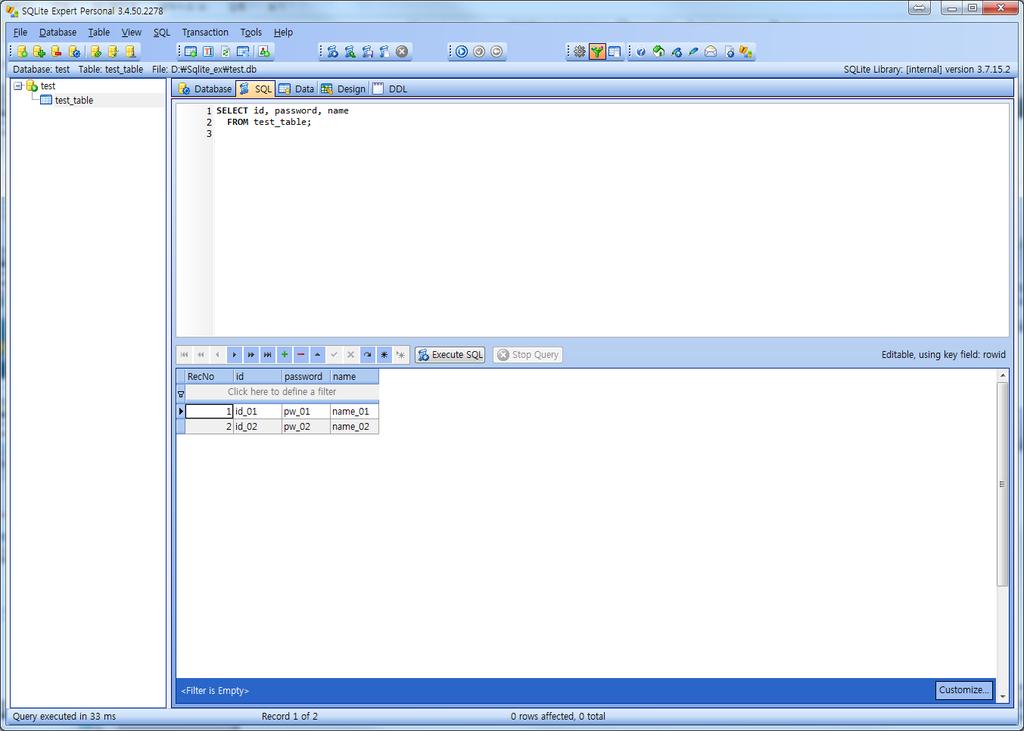 SQLite Admin Tool 사용예시 Sqlite