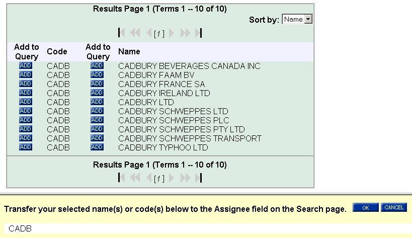 Assignee Name and Code List 텍스트상자에용어를입력하거나이름의첫글자를클릭하여출원인이름혹은코드를검색합니다.