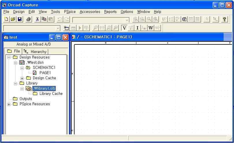 새로운 PSpice 라이브러리의시작 PSpice용 project 를생성혹은불러들인후 Capture 윈도의 File 메뉴에서 New 를클릭한후 PSpice Library 를선택한다.