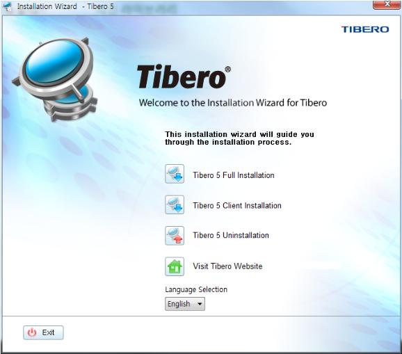 [ 그림 4.1] 설치초기화면 먼저, 설치를시작하기전에사용할언어 ( 한국어, English) 를선택하고설치방법을선택한다. 설치초 기화면에서제공하는설치방법은다음과같다. 설치방법 Tibero 5 전체설치 Tibero 5 Client 설치 설명 표준설치로 Tibero 의서버와클라이언트를모두설치하는방법이다.