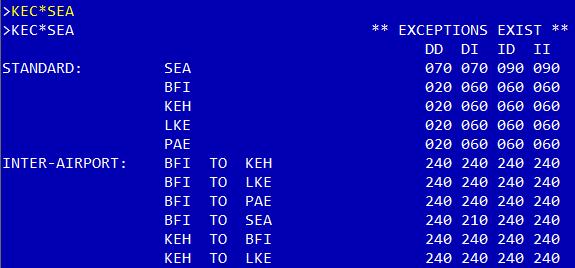 예 ) SEA 의표준 MCT 조회 KEC*SEA 구분 설명 STANDARD INTER-AIRPORT 공항타입별 MCT 표시
