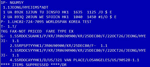 6 APIS 입력 INFO APIS APIS (Advanced Passenger Information System) 사항은승객의여권정보및주소지정보를출발전에미리 PNR 상에입력하여출입국절차를간소화하기위한항목이다. 항공사에서 APIS 사항을전송받기위해서는각항공사가 Worldspan 의 APIS 시스템에가입해야한다.