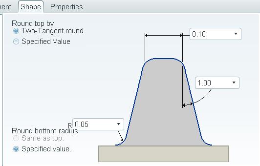 2. Shape 탭을선택한후드래프트값으로 1 을, 내부라운드로 0.05 을입력한다. Two-Tangent round 을클릭한다. MMB 또는을클릭한다. 3. 모델트리에서 Trajectory Rib 1 을선택한다.