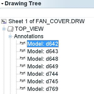 1. File, Open, DETAILING 폴더, fan_cover.drw, Open 을차례로클릭한다. 2. Annotate 을클릭하고드로잉트리에서 TOP_VIEW 의 Annotations 을펼친후 Model:d642 을 선택한다.