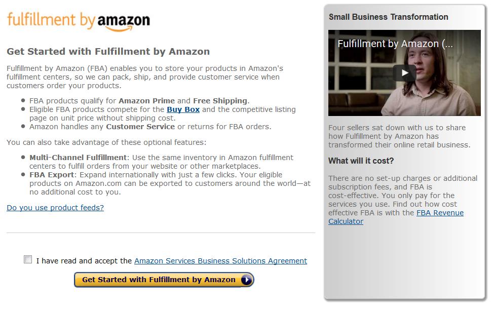 FBA 시작하기 FBA 시작을위한계정설정 다음의쉽고간단한작업을통해여러분의아마존셀러계정에 Fulfillment by Amazon 서비스를추가하고시작할수있습니다. 1. www.amazon.com/fba에접속후, Get Started를클릭하면셀러센트럴로그인페이지로이동하게됩니다. 2.