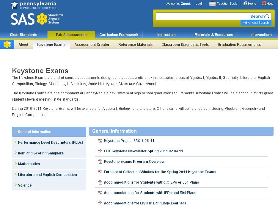 KEYSTONE 시험자료 Keystone 시험에대한자세한내용은 SAS 웹사이트 www.pdesas.org 에서찾아보실수있습니다. 아래에나열된모든자료들은일반인들도사용할수있도록공개되어있습니다.