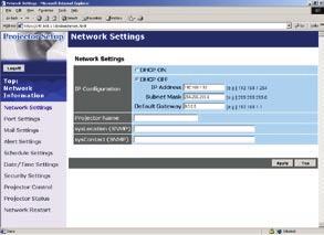 설정 Network Settings 네트워크설정을표시하고구성합니다. IP Configuration 네트워크설정을구성합니다. [Apply] 버튼을클릭해서설정을저장하십시오. DHCP ON DHCP 를사용가능으로합니다. DHCP OFF DHCP 를사용불가로합니다. IP Address DHCP 가사용불가일때에 IP 주소를구성합니다.