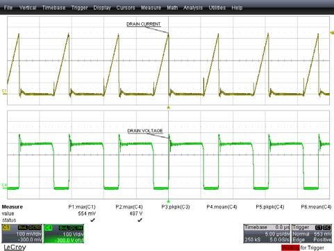 4 정상작동시드레인전압및전류 Figure 33 195 VAC, 50 Hz. Upper: I DRAIN, 100 ma / div.