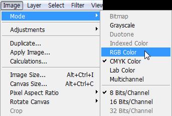 Image 메뉴에서 Mode 로이동해 CMYK color 에선택되어있는것을변경하기위하여 RGB color 를선택합니다.