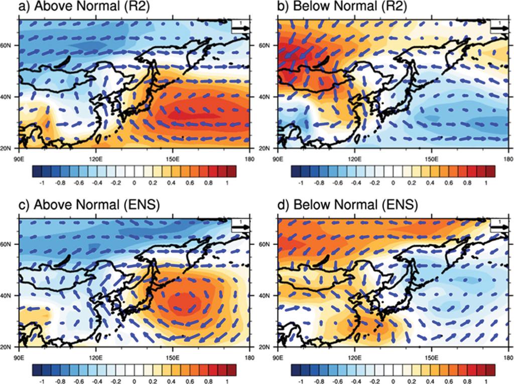 (shaded), zonal wind at 300 hpa (contour) (c, d) from R2 (a, c) and ENS (b, d) during boreal winter. Fig. 7.