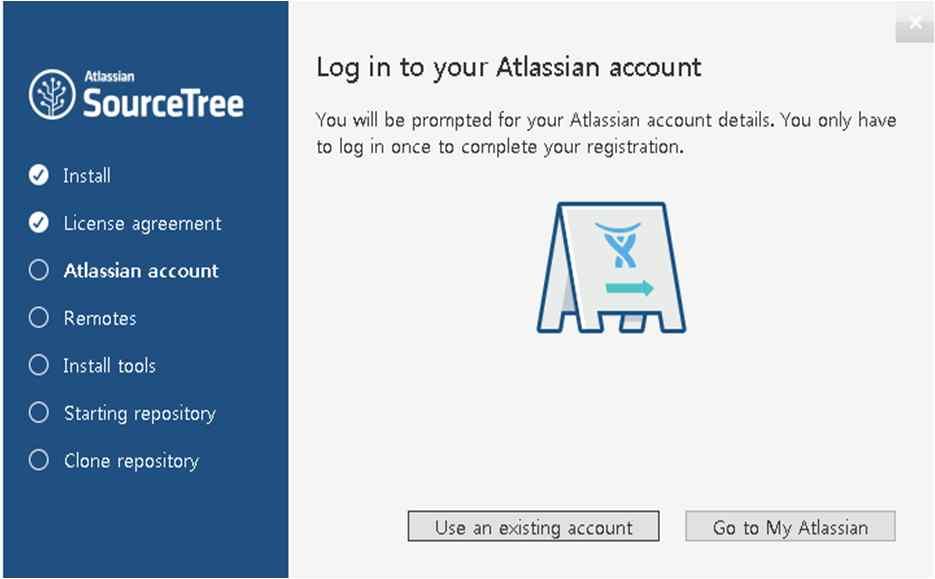 SourceTree 설치방법 (12) 계정이있다면 Use an existing account 버튼을선택하고계정이없을경우 Go to My Altassian