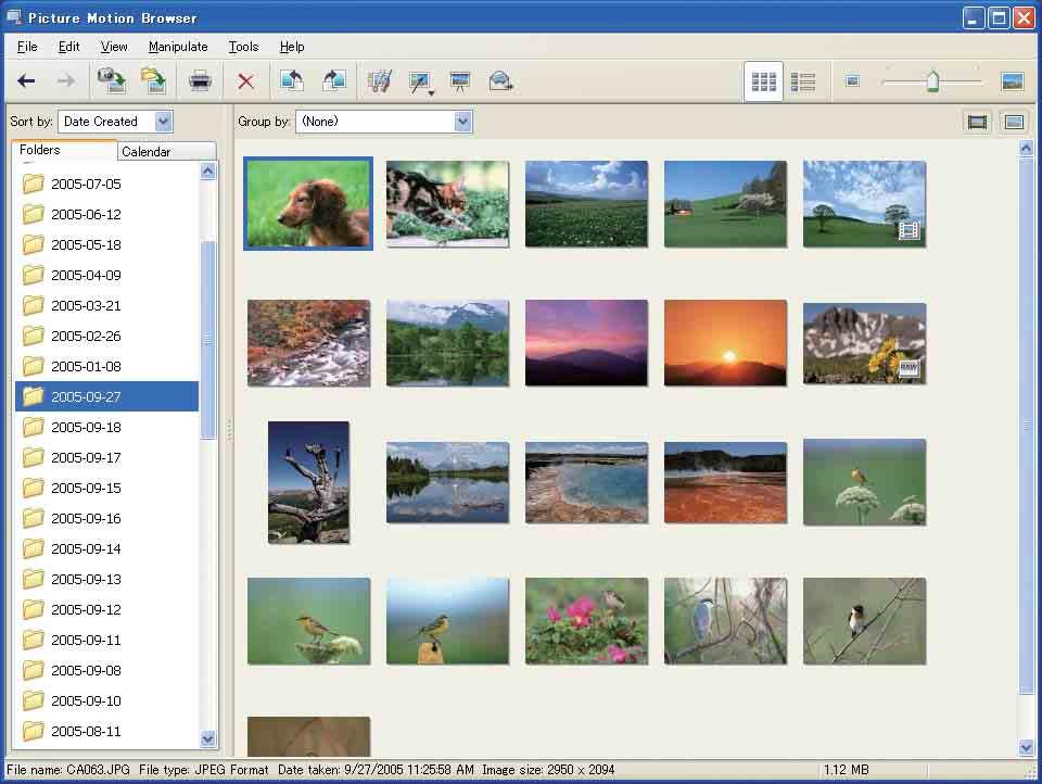 "My Pictures" 폴더가 "Viewed folders" 의기본폴더로설정됩니다. 컴퓨터에서화상을촬영한날짜별로달력으로구성하여볼수있습니다.