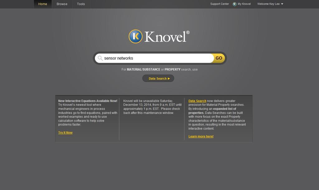 Knovel Data Search: 물성치정보검색 ( 예시 ) 1. https://app.knovel.