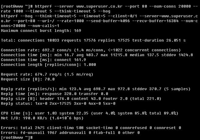 # httperf --server www.superuser.co.kr --port 80 --num-conns 20000 --rate 1000 --hog 위예제는 www.superuser.co.kr 웹서버의 80번포트로 1초에 1000개씩총 20000개의접속을만들게된다.