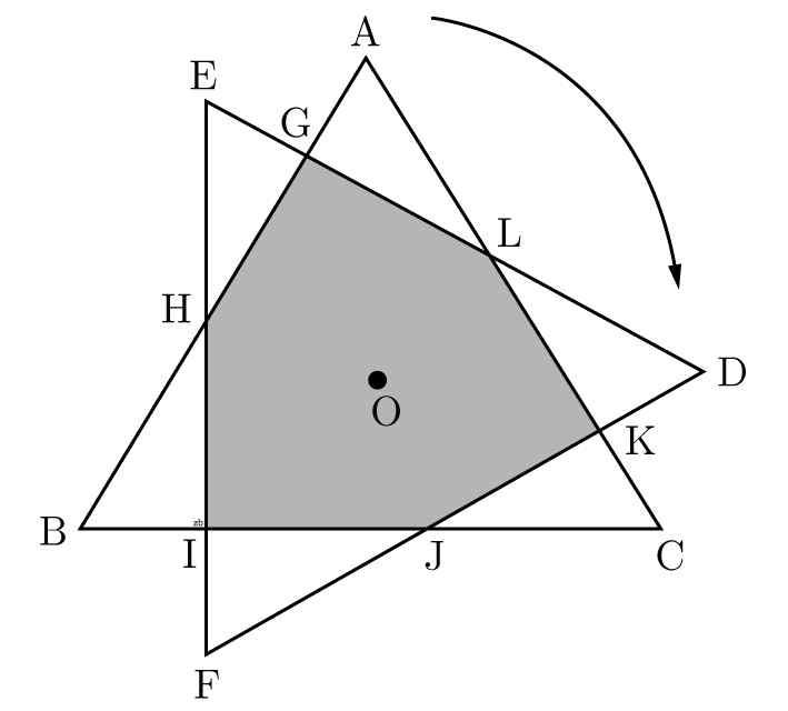 5. 5) 정삼각형 에서,, 이고 일때 를구하면?(5.7 점 ) 7. 7) 그림과같이한변의길이가 인정삼각형 ABC 를무게중심 O 를중심으로시계방향으로 회전시켜삼각형 DEF 를만들었다. 이때, 육각형 GHIJKL 의넓이는?(5.7점) 6.