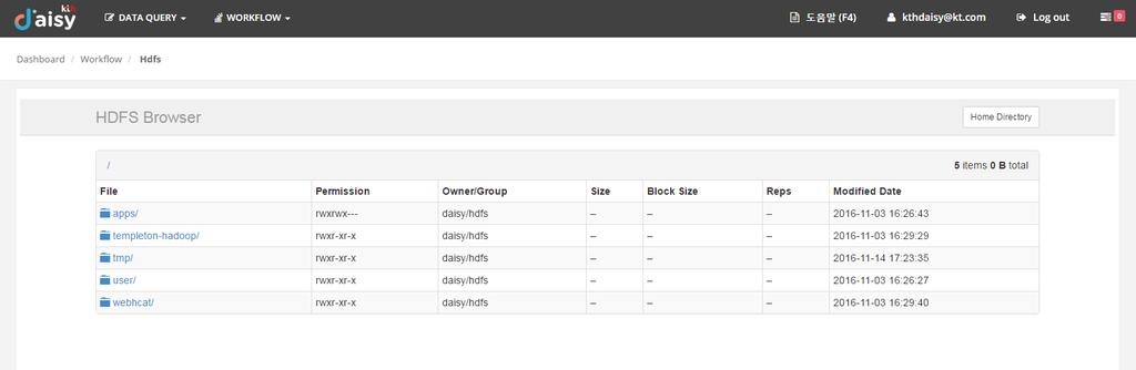 Workflow > HDFS - Hadoop 파일시스템 (HDFS) 을탐색하는기능 -