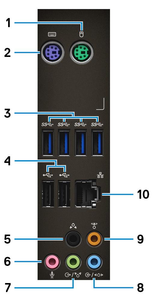 후면패널 1 PS/2 포트 ( 마우스 ) PS/2 마우스를연결합니다. 2 PS/2 포트 ( 키보드 ) PS/2 키보드를연결합니다. 3 USB 3.1 Gen 1 포트 (4 개 ) 외부장치및프린터와같은주변장치를연결합니다. 최대 5Gbsps 의데이터전송속도를제공합니다. 4 USB 2.0 포트 (2 개 ) 외부스토리지장치및프린터와같은주변장치를연결합니다.