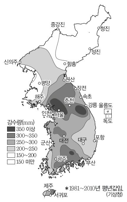 시 군 최난월 평균기온 최한월 평균기온 기온의 연교차 연 강수량 여름 강수량 겨울 강수량 여름 강수집중률 겨울 강수집중률 북한 원산 23.6-2.3 25.9 1347.8 장전 23.7-0.9 24.6 1519.9 개성 24.5-4.2 28.7 1197.1 756.0 47.0 63.2% 3.9% 평양 24.7-5.8 30.5 911.