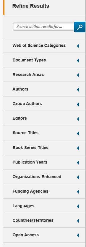 4. Refine 검색결과에서 filtering 1 Web of Science Categories 2 Document Types 3 Authors 4 Group Authors 5 Editors 6 Source Title 7 Book