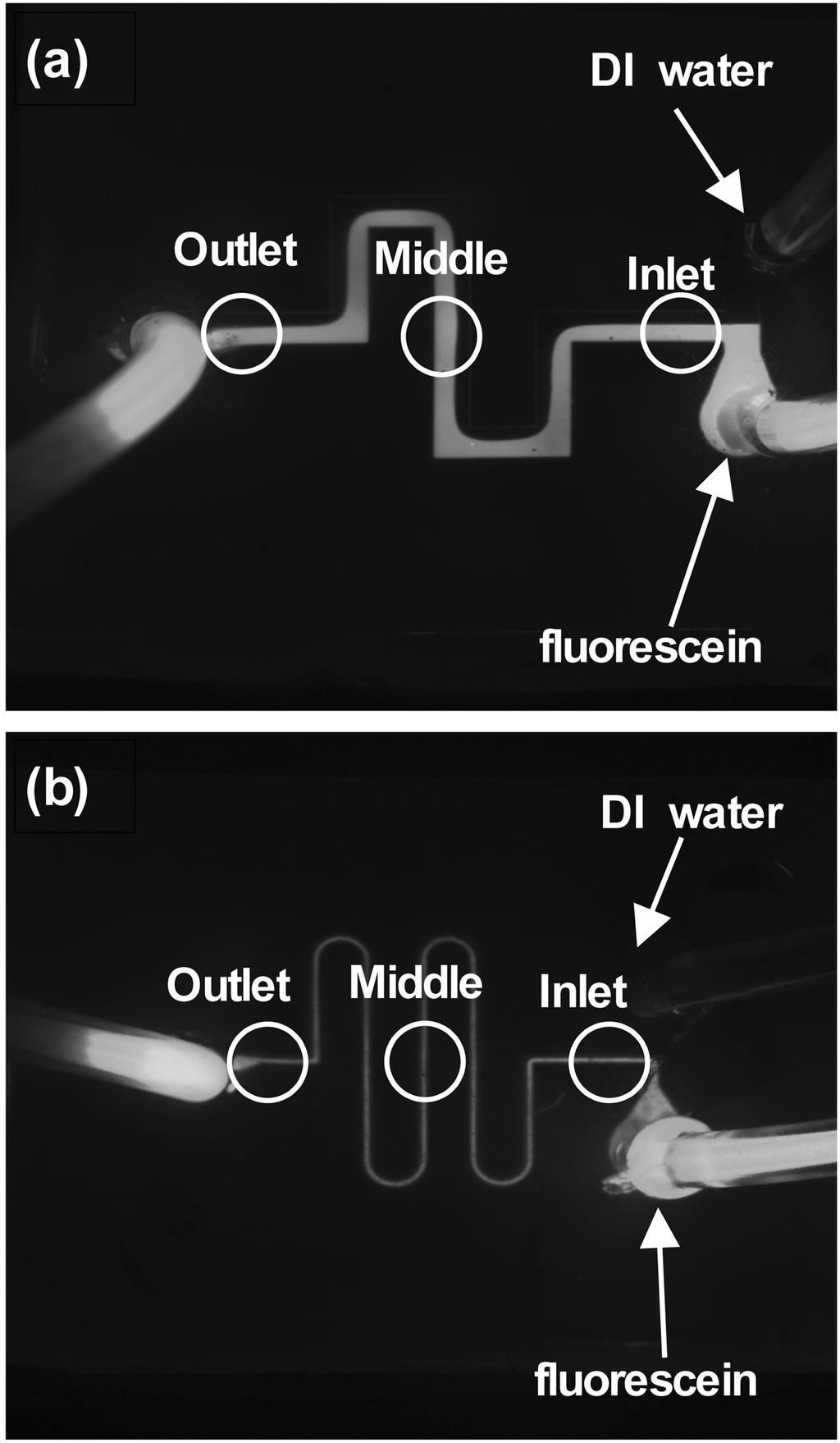 최재경 윤영준 임종우 김효태 구은회 최윤석 이종흔 김종희 742 Fig. 3. Flurescence Micrscpe images btained frm tw different passive mixers with channel width f 1 mm (a) and 200 µm (b) after injectin f micrfluids.