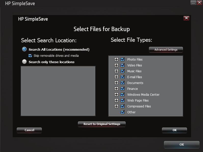 파일형식및위치 HP SimpleSave 는기본적으로사용자컴퓨터의기본하드드라이브에있는가장보편적인파일형식을자동으로백업합니다. File Types & Locations( 파일형식및위치 ) 옵션을사용하면이설정을수정할수있습니다.