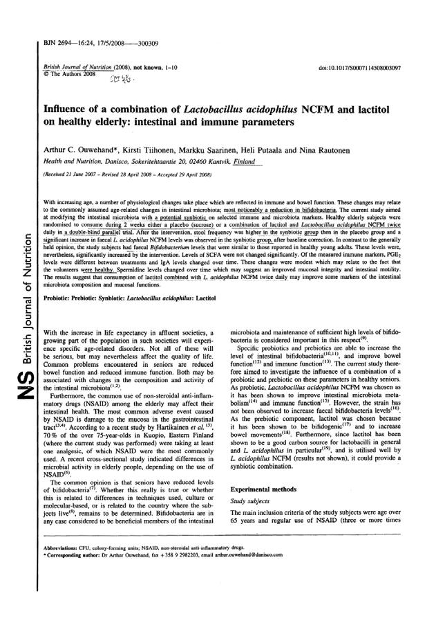 신바이오틱스임상논문 Influence of a combination of Lactobacillus acidophilus NCFM and lactitol on healthy elderly: intestinal and immune parameters -
