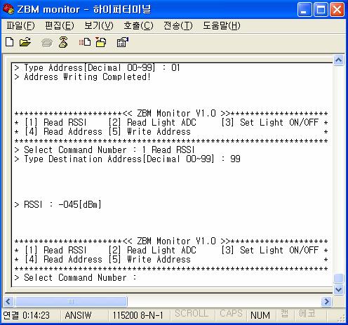 동일한방식으로센서로사용할 ZBM의 Address도확인하고필요하면 Addres를변경한다. 터미널 (PC) 에다시마스터 ZBM을접속하고, 센서 ZBM을 3미터정도의거리에설치한다. 하이퍼터미널로 `1 과 99 를차례로입력하여 Address가 99인센서 ZBM의 RSSI 값을읽는다.