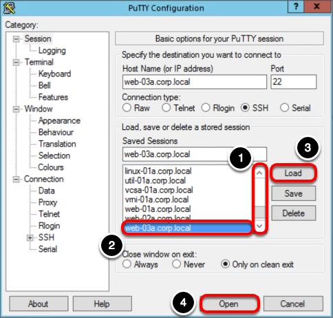 web-03a 에대한 SSH 세션열기 1. web-03a.corp.local 이표시될때까지 Saved Sessions( 저장된세션 ) 목록을스크롤합니다. 2. web-03a.corp.local 을클릭하여선택합니다.