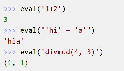 eval(expression): 실행가능한문자열 (1+2, 'hi' + 'a' 같은것 ) 을입력으로받아문자열을실행한결과값을리턴