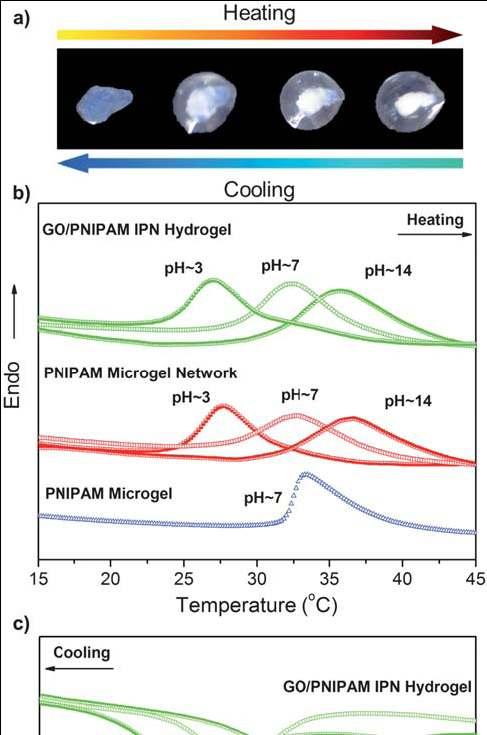 Fig. 1 (a) Formation of GO/PNIPAM interpenetrating hydrogel networks via the reaction between ECH and carboxyl groups in GO