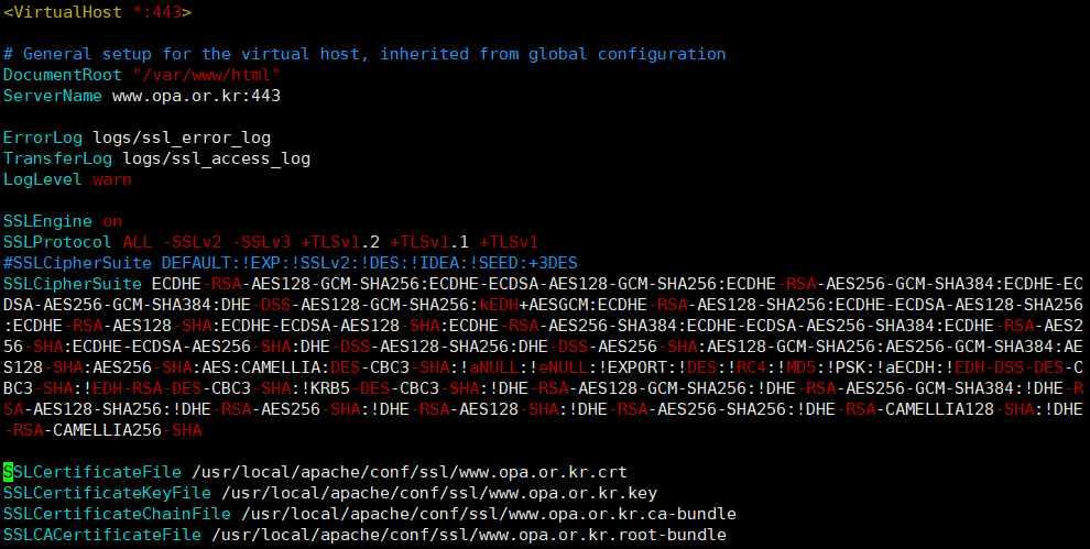 3. SSL Ciphersuite 취약성해결방안 현재대부분의브라우저에서는 TLS 프로토콜사용을권장하고있으며, SSL3 이하의프로토 콜을사용할경우브라우저에서접속을차단하여웹사이트에접속시오류경고창을나타 내고있습니다. 이러한브라우저정책과보안적이슈에대응하기위해지금부터웹서버상에서취약한프 로토콜을차단하는방법을웹서버종류별로안내드리겠습니다. 3.