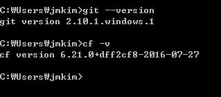 A-1. git, cf CLI http://zetawiki.com/wiki/ 윈도우 _Git_ 설치 http://zetawiki.com/wiki/ 윈도우 _cf_cli_ 설치 Git cmd 창에서이렇게나오면성공 https://git-scm.com/download/win ( Git-2.x.x-64-bit.