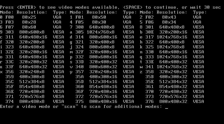 예를들어, 338 을선택하면비디오모드 1600x1200x16 이 선택됩니다 ( 다음수치참조 ). 3 자리숫자앞에숫자나문자가하나있는경우이를입력하여해당비디오모드를선택할수도있습니다 ( 이예에서는 "v"). 5.