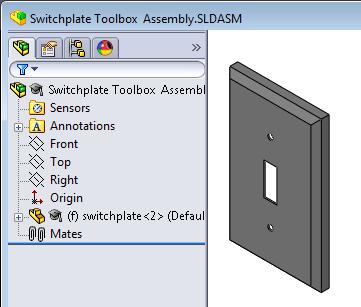 5 장 : SolidWorks Toolbox 기초사항 실제연습 Toolbox 파트추가 SolidWorks 튜터리얼의생산성향상 : Toolbox 에나오는지침을따릅니다. 그런다음, 아래연습을진행합니다. Toolbox 의미리정의된하드웨어를사용하여스위치커버에나사를추가합니다. 이전장에서는나사를모델링하고어셈블리의스위치커버에메이트하여나사를추가했습니다.