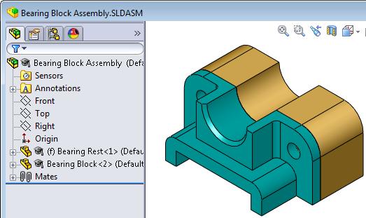 5 장 : SolidWorks Toolbox 기초사항 연습및프로젝트 베어링블록어셈블리 어셈블리열기 와셔삽입 볼트와와셔를추가하여베어링받침대를베어링블록에체결합니다. 1 Bearing Block Assembly 를엽니다.