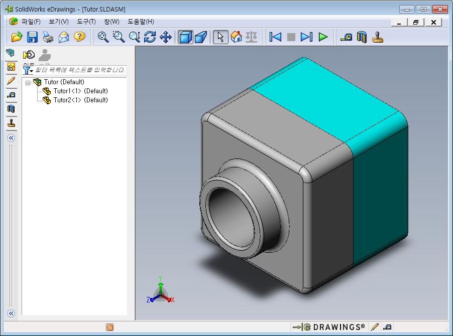 7 장 : SolidWorks edrawings 기초사항 어셈블리의 edrawings 1 SolidWorks에서, 4장에서작성한 Tutor 어셈블리를엽니다. 2 edrawing 게시를클릭합니다.