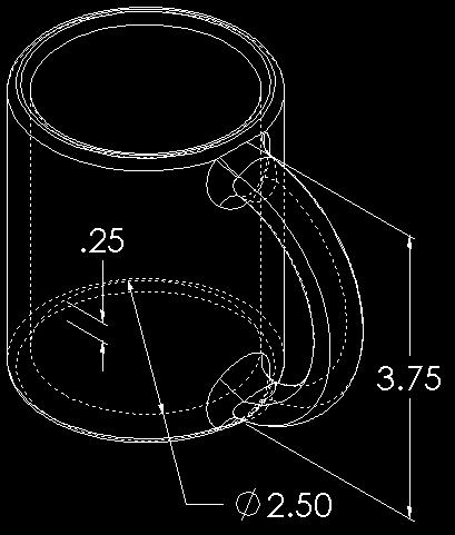 원통의볼륨 = π * 반경 2 * 높이 커피의 " 높이 " = 3.75-0.25-0.5 = 3.0 반경 = 지름 2 볼륨 = 3.14 * 1.25 2 * 3.0 = 14.72 in 3 미국에서커피는입방인치가아니라액량온스단위로판매됩니다. 머그컵에몇온스를담을수있습니까?