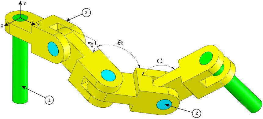 부록 A: Certified SolidWorks Associate 프로그램 어셈블리작성 다음이미지는문제 #7-8 에사용됩니다. 7 SolidWorks에서이어셈블리를작성합니다 ( 체인링크 (Chain Link) 어셈블리 ). 이어셈블리에는 2개의 long_pins(1), 3개의 short_pins(2), 4개의 chain_links(3) 가포함됩니다.