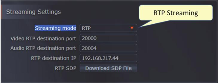 RTP 스트리밍 Streaming Settings 섹션에서 RTP 스트리밍을선택하면다음필드가나타납니다. RTP 스트리밍 그림 14: RTP 스트리밍필드 이섹션에나타나는필드는아래표에서설명합니다. 표 16: RTP 스트리밍필드설명 필드 설명 RTP 스트리밍설정 Video RTP destination port RTP 스트리밍의대상비디오 UDP 포트입니다.