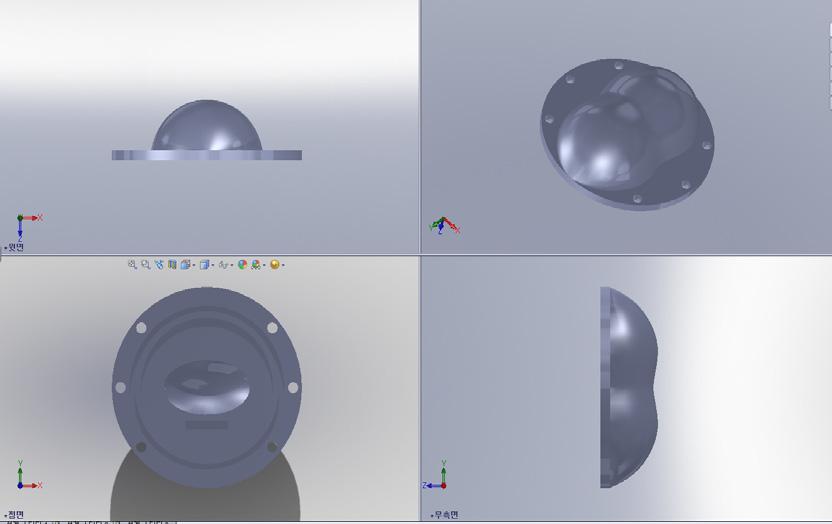 이를해결하기위해 3D 설계프로그램인 SolidWorks를사용하여마무리가미비한부분들을해결하였다. 그림 4는 OSLO에서설계한데이터를기초로하여 Solidworks에서렌즈의형상을설계한모습이다. (a) 2D 광학설계 [ 그림 3] 3D 광학계설계 (OSLO) [Fig.