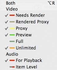 Rendering ( Command + R ) Sequence 메뉴 Render Selection 을클릭하면 ( 빨간색 )Needs Render : 렌더링이필요하다. Render Proxy ( 노란색 )Proxy : 보여주기는하지만기본값만보여준다. 옵션조절한부분을완전히표현하지못한다. ( 녹색 )Fill : 렌더링없이보인다.
