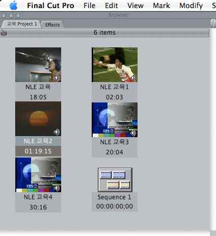 Master Clip 보기 Capture ( 녹화 ) 를마치면좌측버튼을클릭해 Log and Capture 창을닫는다. Browser 창교육 Project1 에 5 개의클립이만들어졌다.