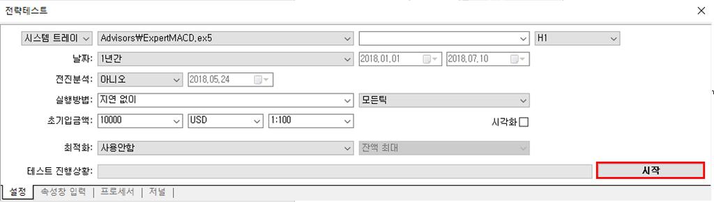 6. Strategy Testing 테스트결과 테스트를시작하려면 " 설정 " 탭에서 " 시작 " 을클릭하십시오. 테스트진행상황은오른쪽에서왼쪽으로표시됩니다 Expert Advisor 테스트결과는 " 백테스트 및 " 그래프 " 탭에표시됩니다. 백테스트 자세한테스트결과는 백테스트 탭에표시됩니다.