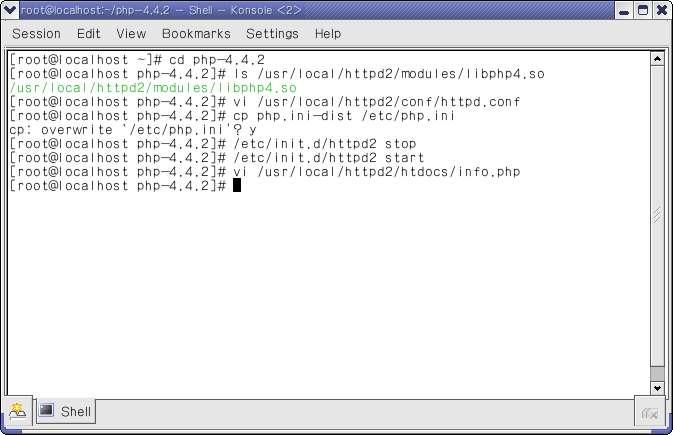 /usr/local/httpd2/modules/libphp4.so 파일이존재하는지확인 /usr/local/httpd2/conf/httpd.conf 파일을수정시작스크립트파일을 /etc/init.d/ 폴더에복사 Apache 서버를재시작한다. /usr/local/httpd2/htdocs/info.php 를생성한다.