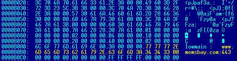 [ 그림 2-4] 는고스트다운변형악성코드의특징적인문자열을나타낸것이다. API, 접속주소등의 주요문자열은암호화되어있으며초기버전은접속하는주소와주요문자열이 XOR 0xDF 키로 암호화되어있다. 그림 2-5 암호화된 C&C 문자열해독결과 고스트다운의초기변형은 www.poi.