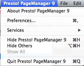 메뉴모음 메뉴모음에는 Presto! PageManager, 파일, 편집, 보기, 도구및도움말메뉴옵션이있습니다. 참고 : 메뉴모음의옵션중일부를사용하지못할수도있습니다. Presto! PageManager 메뉴 Presto! PageViewer 정보메뉴에는다음과같은옵션이있습니다. Presto! PageManager 정보 PageManager 버전정보를제공하며, 기본설정값지정, PageManager 응용프로그램숨기기 / 표시, PageManager 응용프로그램종료작업을수행할수있습니다.