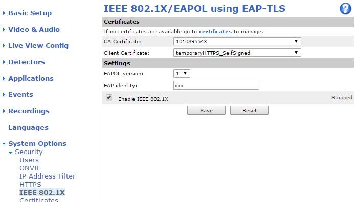 Hardening Guide 4. System Options > Security > IEEE 802.1x로이동합니다. 5. CA certificate와 Client Certificate를선택합니다. 6. 설정을구성합니다. 7. Enable IEEE 802.1x를선택합니다. 8. Save를클릭합니다.